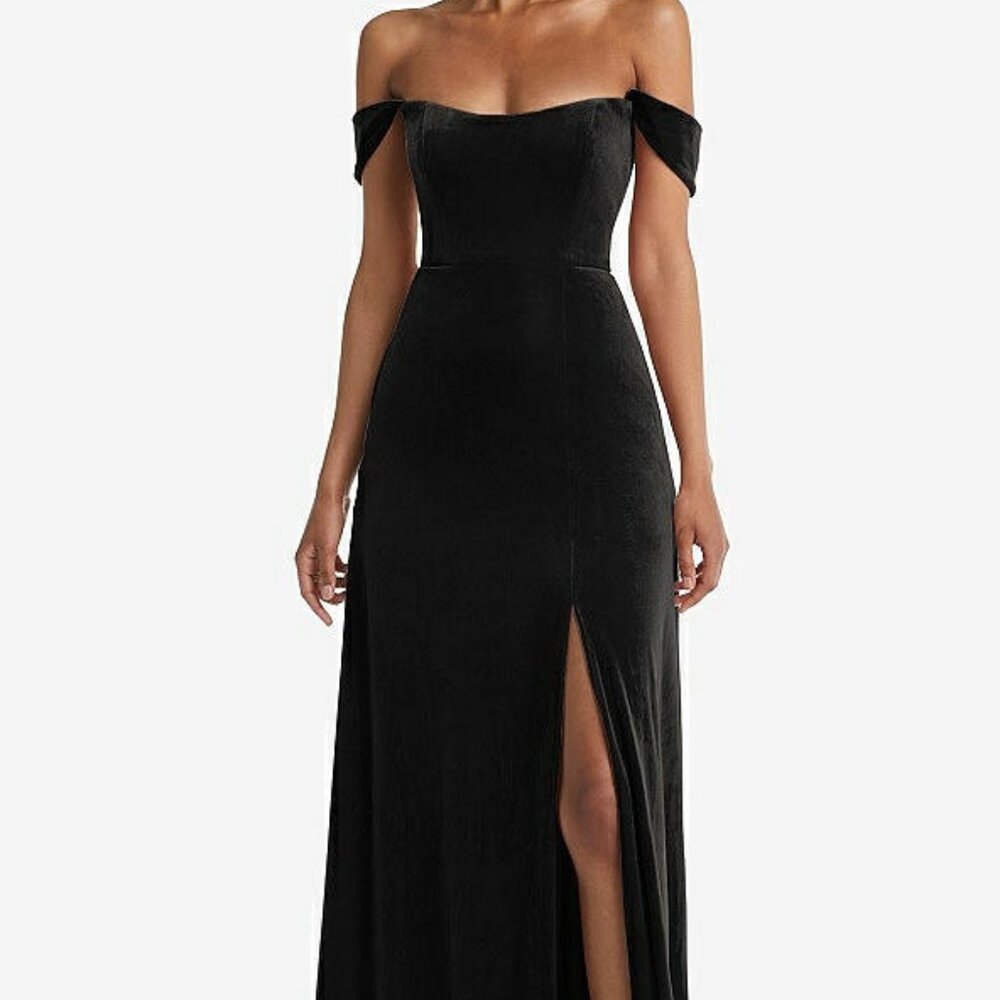 After Six 1551..Off-the-Shoulder Flounce Sleeve Velvet Maxi Dress..Black...Sz 2